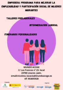 Otro año más con la ejecución del PROYECTO EMPODERA cuyo el objetivo es, Mejorar la Empleabilidad y Participación Social de las Mujeres Migrantes. 
La finalidad de este programa es favorecer el acceso al mercado laboral en igualdad de oportunidades de mujeres migrantes.
⌚️Horario de atención: lunes a viernes 9:00 - 14:00 h
Programa realizado en colaboración con Fundación Sevilla Acoge y Córdoba Acoge, financiado por Consejería de Inclusión Social, Juventud, Familias e Igualdad Ministerio de Derechos Sociales y Agenda 2030.